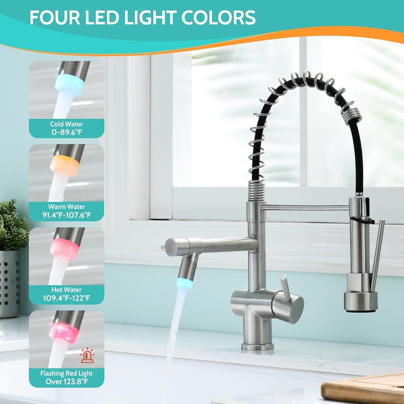 kicimpro LED Kitchen Faucet with Pull Down Sprayer, Brushed Nickel Faucet for Kitchen Sink, Single Handle High Arc 304 Stainless Steel LED Commercial Bar Kitchen Sink Faucet for 1 Hole Or 3 Hole - Image 2